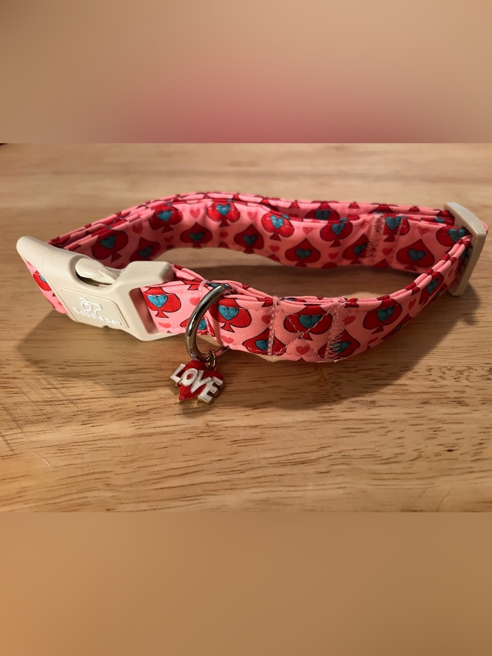 Babole Pet Medium Dog Pink Heart Print Collar with 'LOVE' Charm 13.5” - 22”
